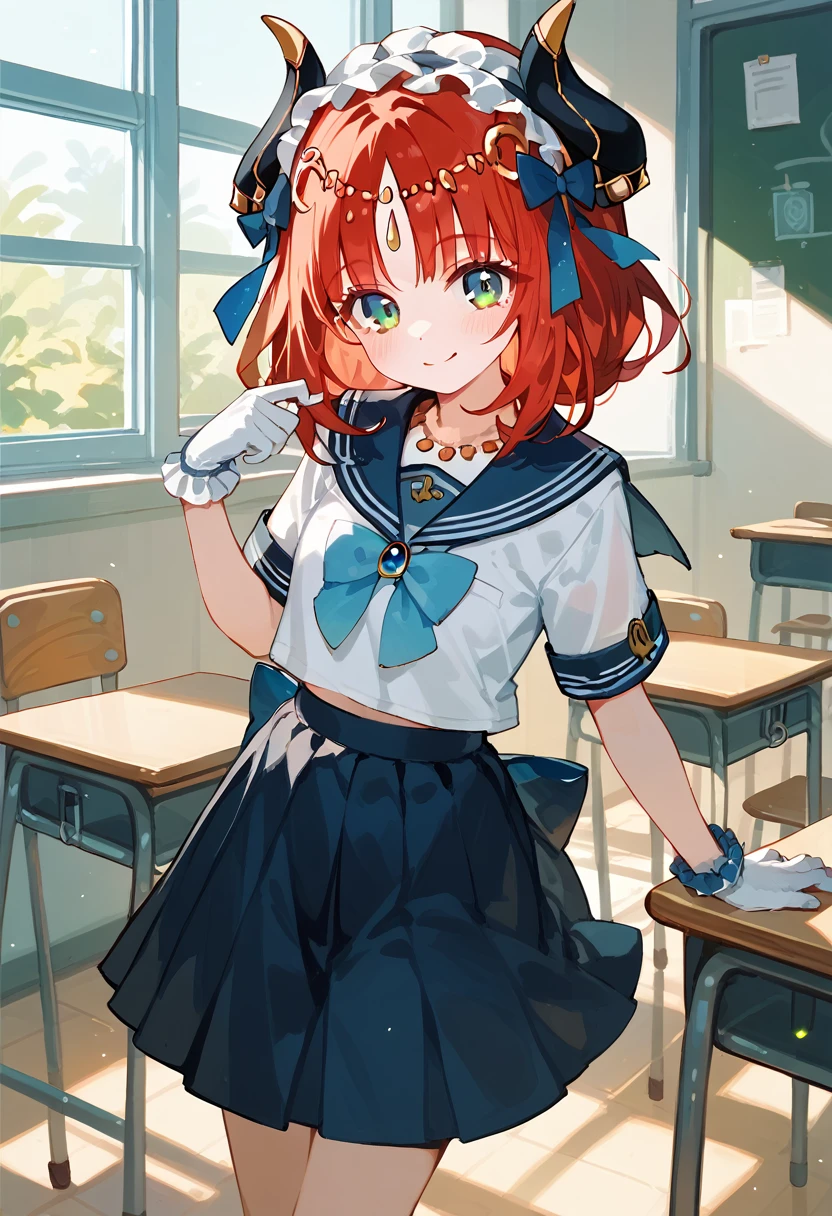 masterpiece,High resolution nilou,One girl,Sailor suit,classroom,Red Hair,Short Hair,high school girl,Pull up your skirt,