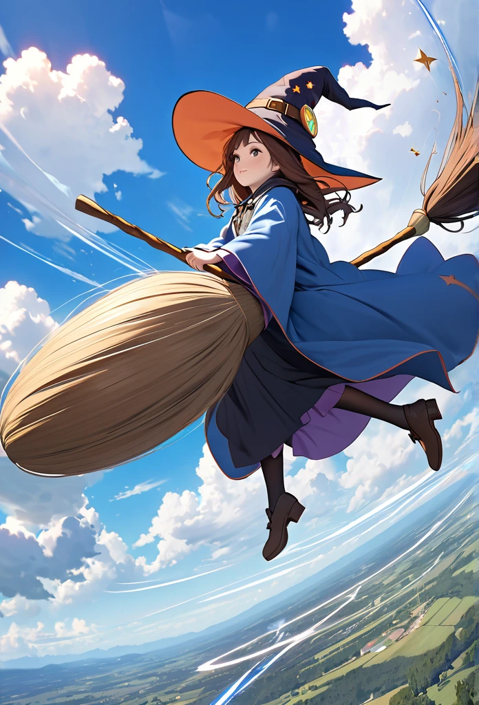 “A young witch with long brown hair and floating strands, wearing a wizard hat and a blue robe, flying on a magic broomstick in the sky. The scene is set against a blue sky with clouds, rendered in high detail.”
