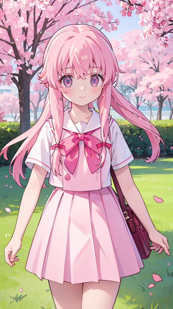 1girl solo pink hair, pink eyes with love, detailed eyes, cute eyes, straight hair, long hair, straight bangs, shiny hair,
,red bowtie,purple skirt,purple shirt,pleated skirt,short sleeves,looking at the bottom, pink sakura trees and pink grass, in the middle of the sakura trees, sidewalking side view, the pink grass with pink flower petals on the ground high-definition,masterpiece, masterpiece, best quality, high resolution, aabeta, double, slim waist, cute, sailor uniform, sweet cute smile, smiling eyes, happy,  smile, close up photo selfie,selfie pose peace (PastelColors: 1.3)