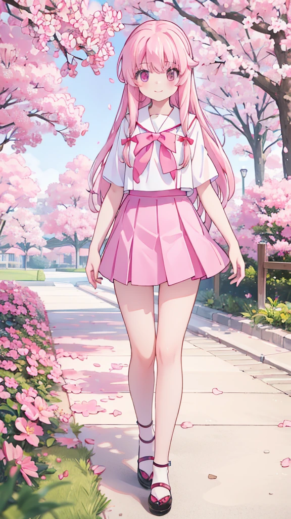 1girl solo pink hair, pink eyes with love, detailed eyes, cute eyes, straight hair, long hair, straight bangs, shiny hair,
,red bowtie,purple skirt,purple shirt,pleated skirt,short sleeves,looking at the bottom, pink sakura trees and pink grass, in the middle of the sakura trees, sidewalking side view, the pink grass with pink flower petals on the ground high-definition,masterpiece, masterpiece, best quality, high resolution, aabeta, double, slim waist, cute, sailor uniform, sweet cute smile, smiling eyes, happy, smile, close up photo selfie,selfie pose peace (PastelColors: 1.3)