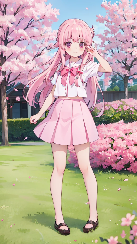 1girl solo pink hair, pink eyes with love, detailed eyes, cute eyes, straight hair, long hair, straight bangs, shiny hair,
,red bowtie,purple skirt,purple shirt,pleated skirt,short sleeves,looking at the bottom, pink sakura trees and pink grass, in the middle of the sakura trees, sidewalking side view, the pink grass with pink flower petals on the ground high-definition,masterpiece, masterpiece, best quality, high resolution, aabeta, double, slim waist, cute, sailor uniform, sweet cute smile, smiling eyes, happy,  smile, close up photo selfie,selfie pose peace (PastelColors: 1.3)