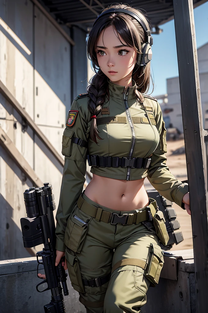 Woman in white holding a rifle and wearing headphones, 24 year old woman, young soldier, mechanized young soldier, Military Girl, beautiful female soldier, Female lead character, Military Girlราบ, Girl's sniper at war, solo female character, Future combat equipment, Half-body close-up, Woman wearing military bulletproof crop top, Show navel, Wear tactical equipment, Wear tactical armor., (realistic navel shape)