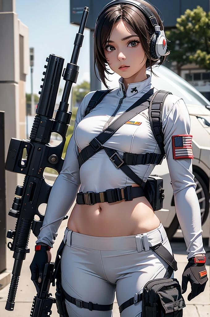 Woman in white holding a rifle and wearing headphones, 24 year old woman, young soldier, mechanized young soldier, Military Girl, beautiful female soldier, Female lead character, Military Girlราบ, Girl's sniper at war, solo female character, Future combat equipment, Half-body close-up, Woman wearing military bulletproof crop top, Show navel, Wear tactical equipment, Wear tactical armor., (realistic navel shape)