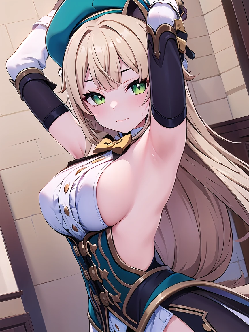 ((masterpiece, best quality)), high resolution,ultra detailed,8k,16k,detailed background, perfect lighting,detailed beautiful eyes, 1girl,solo,embarrassed,blush,in heat,look at viewer,face focus,(steam,sweat,from front,upper body:1.2),provocative eyes,wavy mouth,fisheye lens,(show off armpits,arms up,nude:1.3),long nipple,
,(pale skin, body,medium breast,kawaii,age,kirara,blond hair,green eyes,long hair,hat,mat cat bow,brown boots,white shirt,brown gloves,yellow bow,)