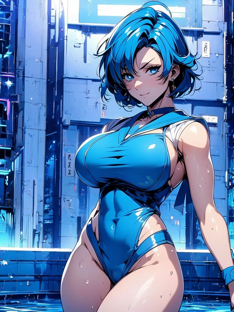 Sailor mercury in full police suit,long blue hair,Blue Power Ranger, hurricane ,Sexy goth woman big breast, character sheet,inside a pool,High Resolution, Large breasts, cyber samurai,
