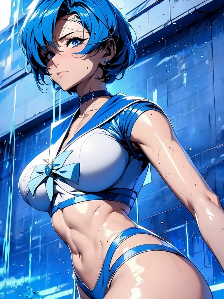 Sailor mercury in full police  suit,long blue hair,Blue Power Ranger, hurricane ,Sexy goth woman big breast, character sheet,inside a pool,High Resolution, Large breasts, cyber samurai,
￼