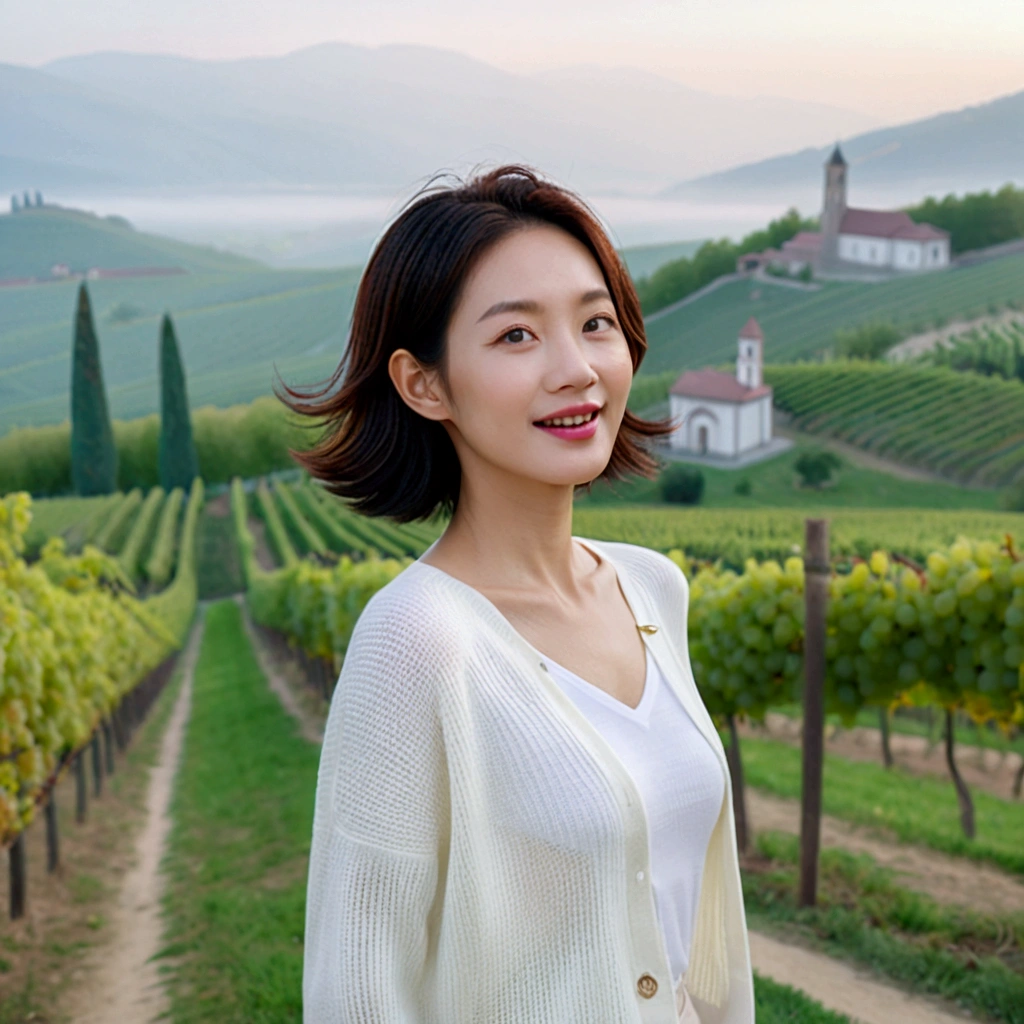 8k best picture quality, Beautiful 36-year-old Korean woman, Chest size 34 inches, northern italy countryside dawn, View of the cathedral next to the vineyards, The back background is realistic and vivid quality., Short hair, High-end luxury brand white shirt and cardigan, Wear casual pants, Smile slightly. the background is clear, It is spring, when grapes have not yet ripened. Standing on a hill on a curved path overlooking a vineyard covered in thick fog, Clear picture quality, Wear high-end luxury brand sunglasses, sunglasses with clear lines, Spring landscape without grapes, Well-groomed hair, Pretty and beautiful like a model, wearing a short cardigan