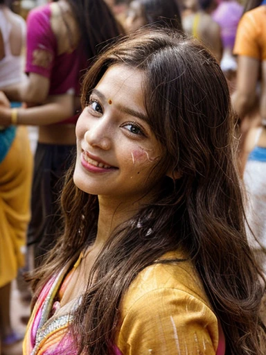 (best picture quality,4k,8k,high-definition,masterpiece:1.2),Ultra-detailed,(lifelike,lifelike,lifelike:1.37)。Indian festivals,deep cleavage, indian traditional dress, deep cleavage, paint festival,holi paint:1.37.beautiful Indian girl,Colorful paint on face,Holi festival, brown eyes,exquisite gold jewelry,happy,long wavy brown hairs, hapiness,Contagious smile,Colorful indian saree costumes,colored nails,Holi paint on body,Splashes of colorful paint at events,holi celebration background,Color spray painting,Energetic movement,Dynamic and powerful abstract art,rich colors,propylene,Vivid rainbow hues,hapiness lively atmosphere,bright orange,Pink,Whimsical and dreamy,Spontaneous splashing,bold color contrast。