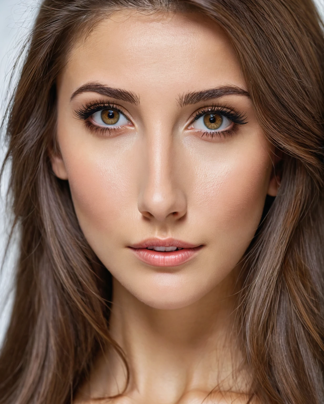 Extreme Beautiful woman from austria, realistic eyes, hyperrealistic face, slim face, long brown hair, 27 years old