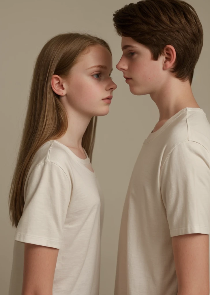 Super realistic. A 12-year-old couple wearing a straight, round-neck, short-sleeved shirt