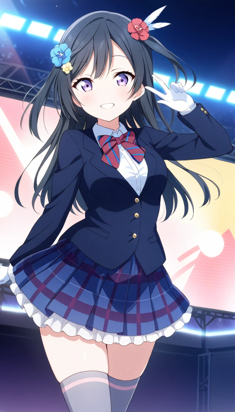 masterpiece, best quality, one side up, feather hair ornament, hair flower, white gloves, legwear, thighhighs,  (1girl), (solo), otonokizaka ,winter uniform, red striped bow tie, navy blue blazer, blue striped pleated skirt,from front, on live stage,standing,spread arms ,smile,spot brilliant light,BREAK score_9, score_8_up, score_7_up, score_6_up, source_anime 