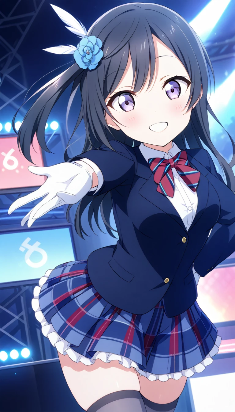 masterpiece, best quality, one side up, feather hair ornament, hair flower, white gloves, legwear, thighhighs,  (1girl), (solo), otonokizaka ,winter uniform, red striped bow tie, navy blue blazer, blue striped pleated skirt,from front, on live stage,standing,spread arms ,smile,spot brilliant light,BREAK score_9, score_8_up, score_7_up, score_6_up, source_anime 