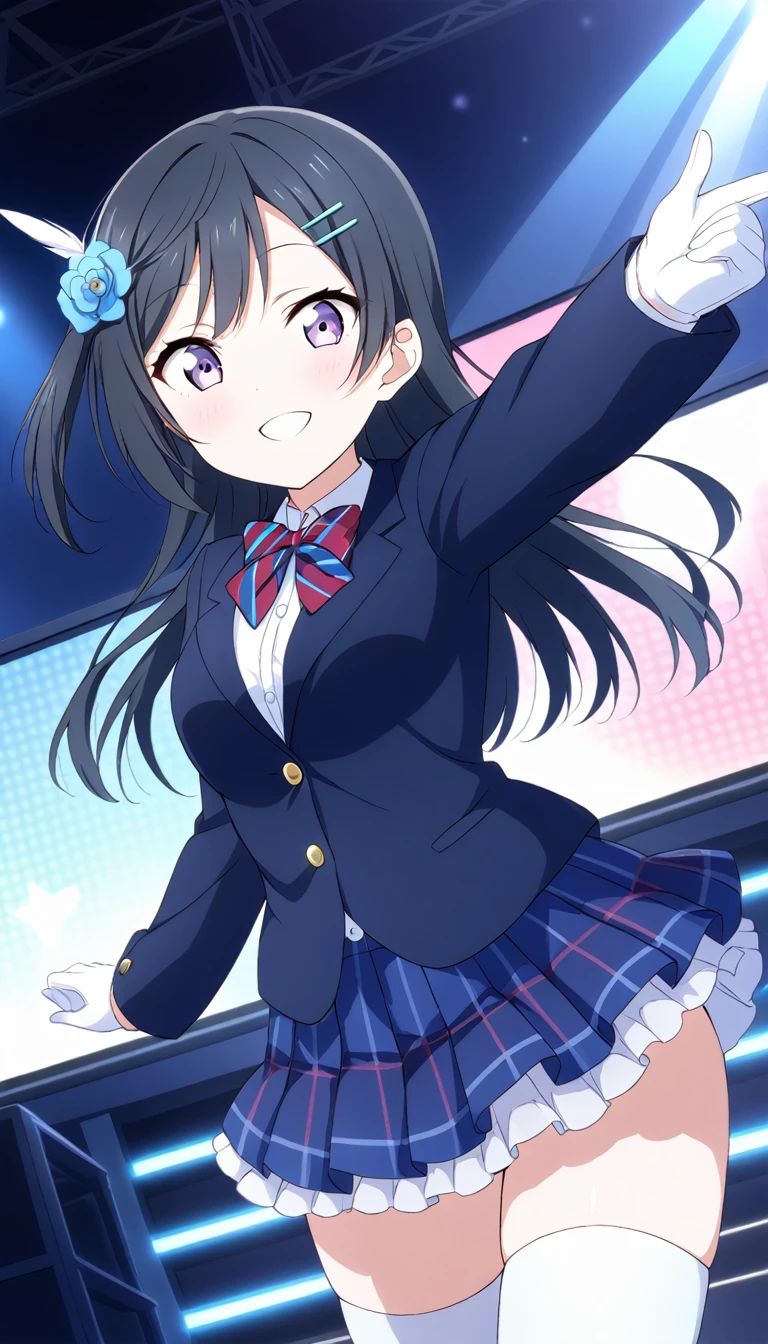 masterpiece, best quality, one side up, feather hair ornament, hair flower, white gloves, legwear, thighhighs,  (1girl), (solo), otonokizaka ,winter uniform, red striped bow tie, navy blue blazer, blue striped pleated skirt,from front, on live stage,standing,spread arms ,smile,spot brilliant light,BREAK score_9, score_8_up, score_7_up, score_6_up, source_anime 