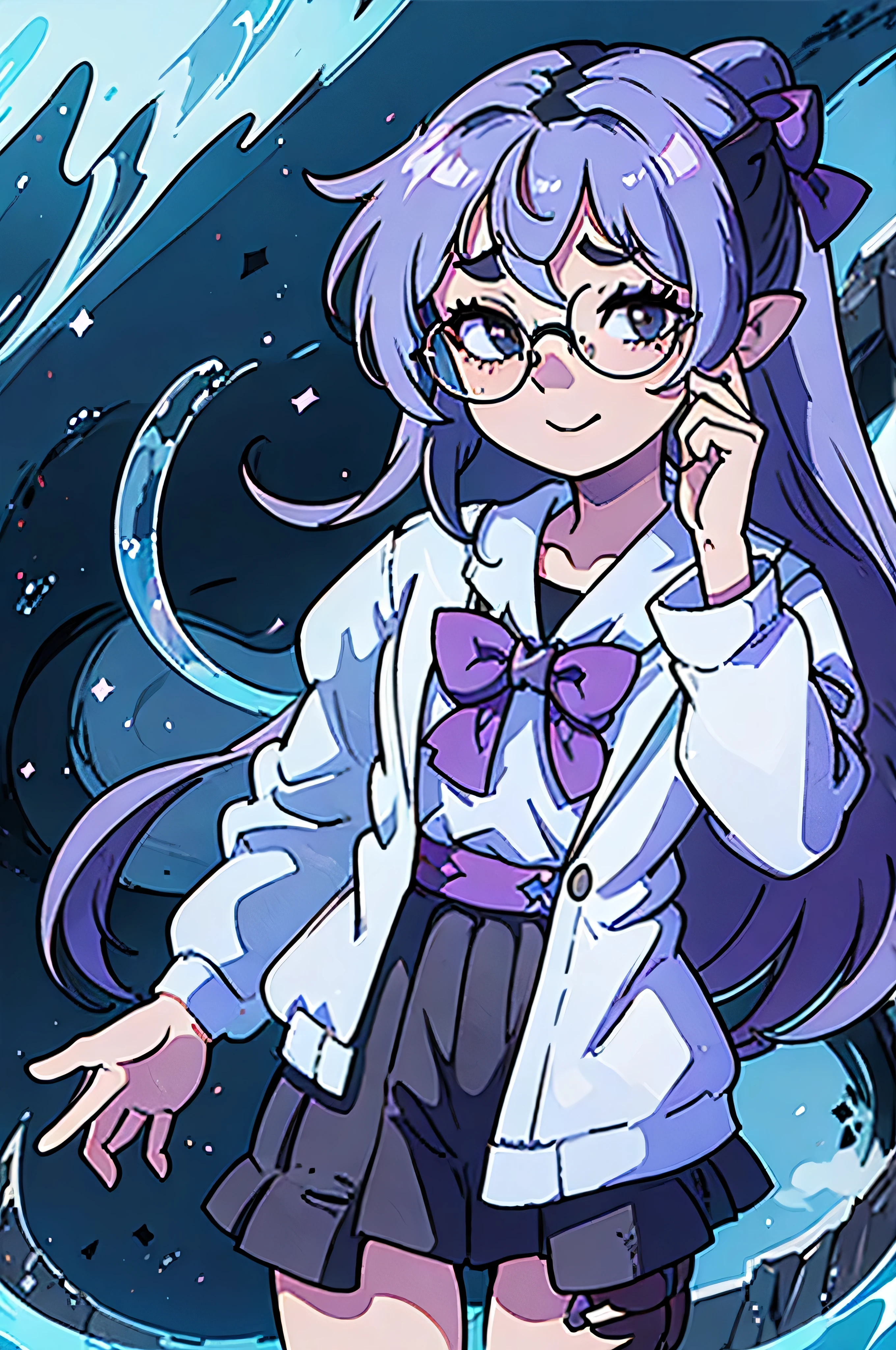This is a closeup of an anime girl standing with her hand on her head, 1 girl, alone, freckles, glasses, blue hair, long hair, pointed ears, round glasses, hair bow, "purple bow on head" clear", choker, black choker, bangs. He drowned. :)