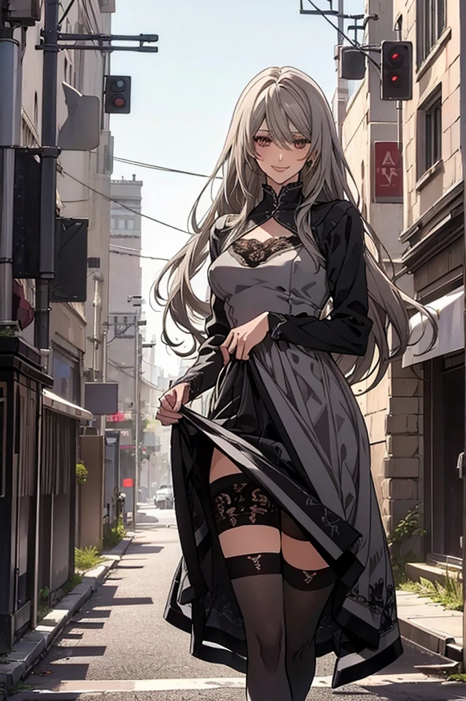(Highest quality, High resolution, Very detailed), Silver Hair, Long Hair, Reddish brown eyes, maxi dress, lace thong, thighhighs, Large Breasts, Perfect Makeup, 24th generation, Beautiful woman, mature, quiet, Calm, A small smile, city Street,