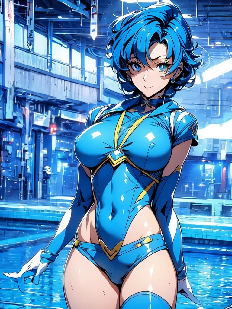 Sailor mercury in full police suit,long blue hair,Blue Power Ranger, hurricane , goth woman big breaaracter sheet,inside a pool,High Resolution, Large breasts, cmurai,

