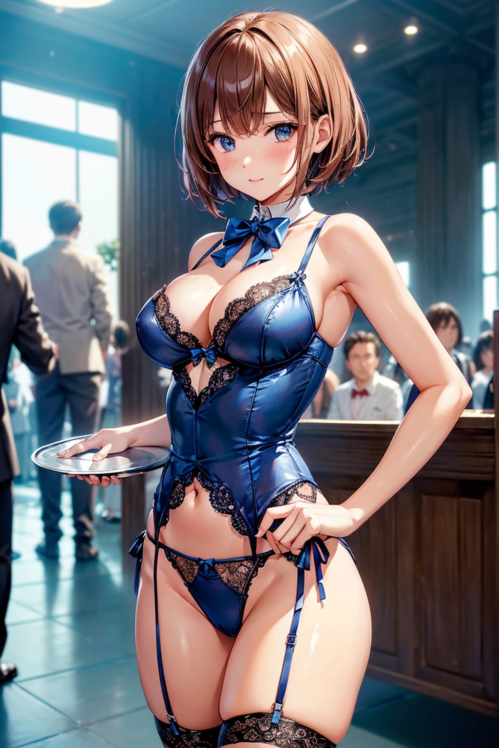 (((masterpiece, Highest quality, High resolution, 超High resolution, Pixel perfect, Written boundary depth, 4K, RTTX10.0))), Beautiful Anime Woman, Beautiful art style, Anime characters, ((Smooth texture, Realistic texture, Anime CG style)), Perfect and accurate finger counting、Exact number of legs、(Exact number of arms:1.0, Exact number of hands:1.0), (Perfect hands, Perfect Anatomy), Cinematic, Realistic, Highly detailed CG, Daytime lighting, Perfect lighting, Best Shadow, The best natural light, whole body, Perfect body, バランのとれたPerfect body, Perfectly balanced style, Slender body, ((bangs, Reddish brown hair, Bobcut)), ((A pretty adult woman is carrying a tray of drinks horizontally from below:1.8)), ((Bow tie around neck:1.3), (Sexy and cute blue underwear:1.3), (Stylish shiny blue satin panties, Side tie panties, The center is plain blue、Panties with lace side detailing:1.3), (Thin panties:1.3), (Blue Micro Lace Satin Bra, Blue lace-trimmed bra, Thin bra:1.3), (lace garter belt, Garter string, Knee socks:1.3):1.3), (Beautiful big , Cleavage:1.1), (Embarrassed expression:1.7), blush, (Adult Events, Makuhari Messe, Many visitors in the background, Crowded venues, Many men surrounding women, The attention of the men around her, indoor:1.7), naked, In underwear, only panties and bra, Angle from the front