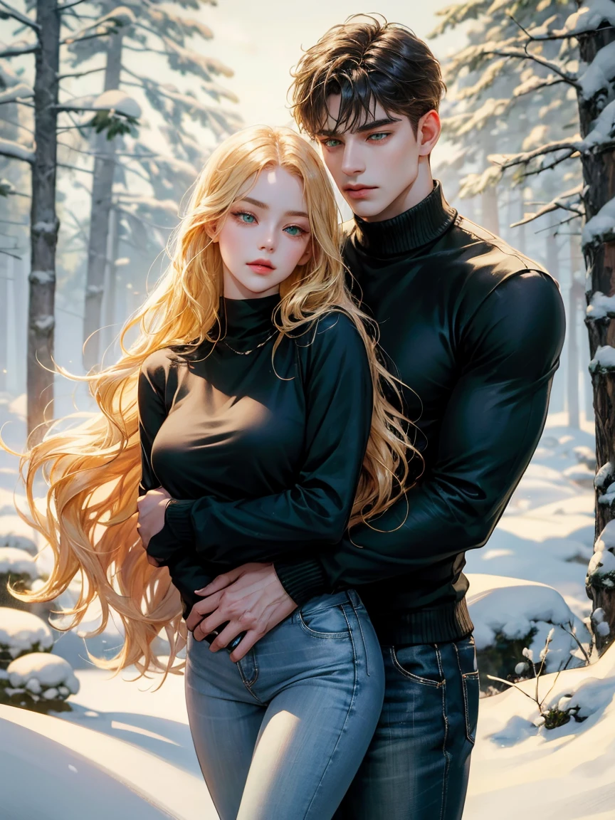 Couple, 1 girl 1 boy, different hair color, long blonde hair girl, wavy hair, young blonde boy fantasy thief, no bangs, grey eyes. Turtleneck jumper and jeans. Short black hair, wavy and (green eyes) , black t shirt and jeans, height different, detailed eyes, face, hand. They look at the viewer. They hug. They are near pine trees with snow. Full figure. Background snow forest