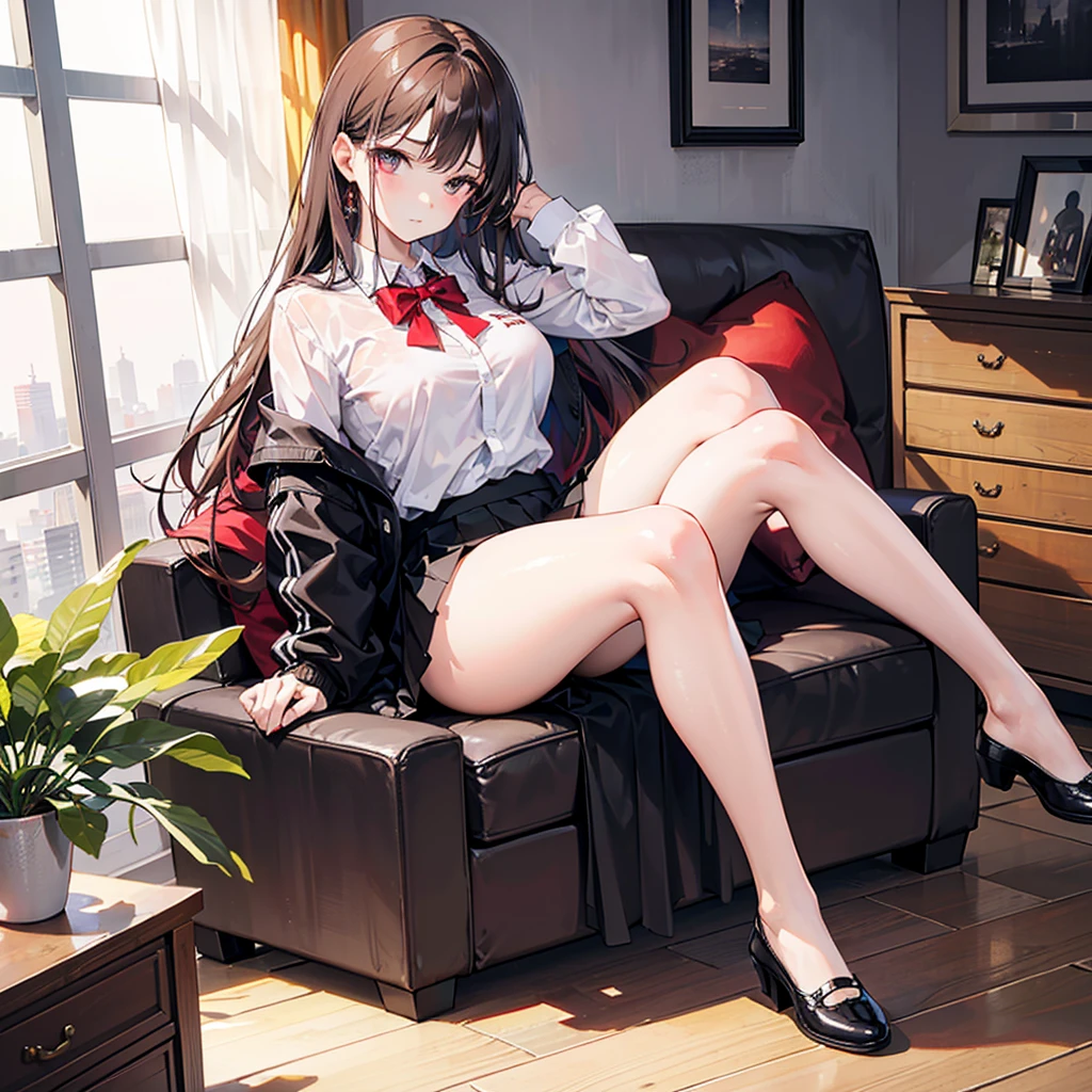 realistic image, detailed image, coherent image, 1 beautiful girl, she has a little long hair, Brown hair with red hair on the fringe that covers her forehead, Bright Reds eyes, shy expression. She is wearing a white button-down shirt, a thin thong, a pleated skirt, black shoes , She has a curvy body, medium-large breasts and very thick thighs, find references to atomic and that it does not have an unnatural pose, She is Sitting in a large and black Sofá, her legs are stretched out, their feet are touching the ground, Her only right hand is touching her right thigh and her left hand is scratching her own neck, background: she is in a house Decorated with formal things, the floor is made of wood, in the background there is a window without curtains that shows a city, Soft focus, full body view, Dramatic shadows, Volumetric lighting, natural lighting,