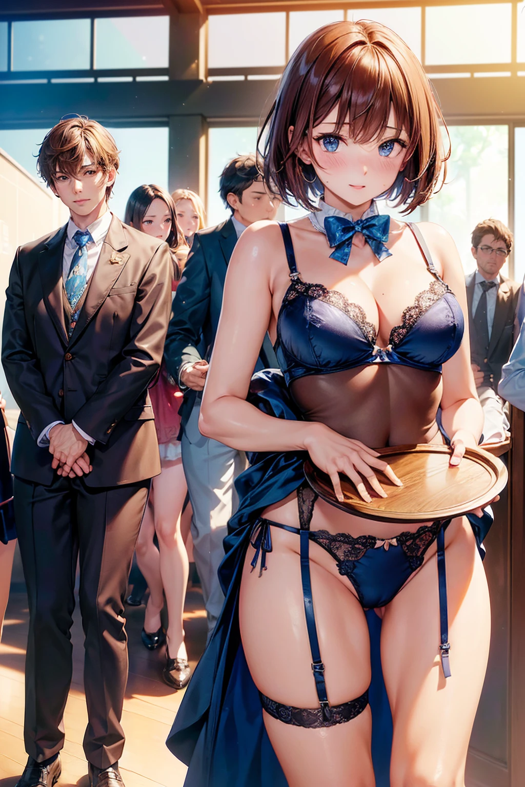 (((masterpiece, Highest quality, High resolution, 超High resolution, Pixel perfect, Written boundary depth, 4K, RTTX10.0))), Beautiful Anime Woman, Beautiful art style, Anime characters, ((Smooth texture, Realistic texture, Anime CG style)), Perfect and accurate finger counting、Exact number of legs、(Exact number of arms:1.0, Exact number of hands:1.0), (Perfect hands, Perfect Anatomy), Cinematic, Realistic, Highly detailed CG, Daytime lighting, Perfect lighting, Best Shadow, The best natural light, whole body, Perfect body, バランのとれたPerfect body, Perfectly balanced style, Slender body, ((bangs, Reddish brown hair, Bobcut)), ((A pretty adult woman is carrying a tray of drinks horizontally from below:1.8)), ((Bow tie around neck:1.3), (Sexy and cute blue underwear:1.3), (Stylish shiny blue satin panties, Side tie panties, The center is plain blue、Panties with lace side detailing:1.3), (Thin panties:1.3), (Blue Micro Lace Satin Bra, Blue lace-trimmed bra, Thin bra:1.3), (lace garter belt, Garter string, Knee socks:1.3):1.3), (Beautiful big , Cleavage:1.1), (Embarrassed expression:1.7), blush, (Adult Events, Makuhari Messe, Many visitors in the background, Crowded venues, Many men surrounding women, The attention of the men around her, indoor:1.7), naked, In underwear, only panties and bra, Angle from the front