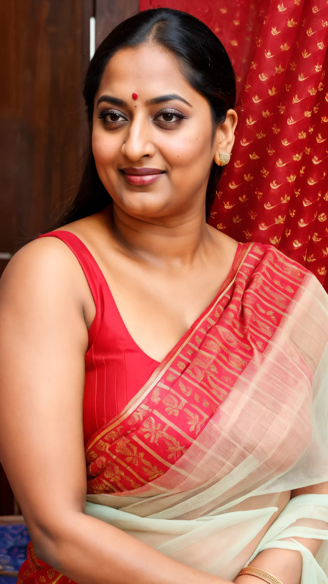 Foto RAW, photorealistic, photography, full body shot, 60 years old Woman, mascara, eye kajal, juicy figure, master shot, perfect eyes, goddess like beauty, pierced eyes, perfect thick chubby mallu Desi aunty bhabhi, Wearing a Stanapatta, a chest-band.Saree model, model Photography, Indian saree shoot, Indian traditional wear advertising photography, traditional wear brand shoot, face of Indian actress Rajshri Nair aka Rajashree, masterpiece, realistic, realism, incredible details,  pleasure, photorealism, detailed skin, skin pores, high contrast, photorealistic Artstation 8k HD digital art trend of high definition and detailed realistic skin texture, ultra detail, realistic skin texture, armature, best quality, ultra high definition, (photorealistic:1.4),, high resolution, detail, raw photo, sweat, Re sharp, by Lee Jefferies Nikon D850 Film Stock Photo 4 Kodak Portra 400 Camera F1.6 Lens Rich Color Ultra Real Realistic Realistic Textures Dramatic Lighting Unreal Engine Trending at Art Station Cinestill 800,(pele altamente detalhada: 1.2), 8k UHD, DSLR, soft-lighting, alta qualidade, grain of film, Fujifilm XT3,she didn't like to wear blouse or bra, she is happy to wear only saree, she hates blouse or bra, highly detailed hairy armpits, hyper realistic skin, skin pores, sweat, veins, stubble armpits, erotic temptation, appealing figure, appealing body language, fleshy arms, horny desi indian mommy, she wants to dominate young boys by showing her tempting figure, irresistibly hot, armpits hair clearly visible, freckles 0.2, stretchmarks 0.2, Sexy mature woman's with slightly wrinkled skin, hyper real skin texture, insane details, sensual photoshoot, highly detailed skin texture, high quality skin, highly photo realistic, 