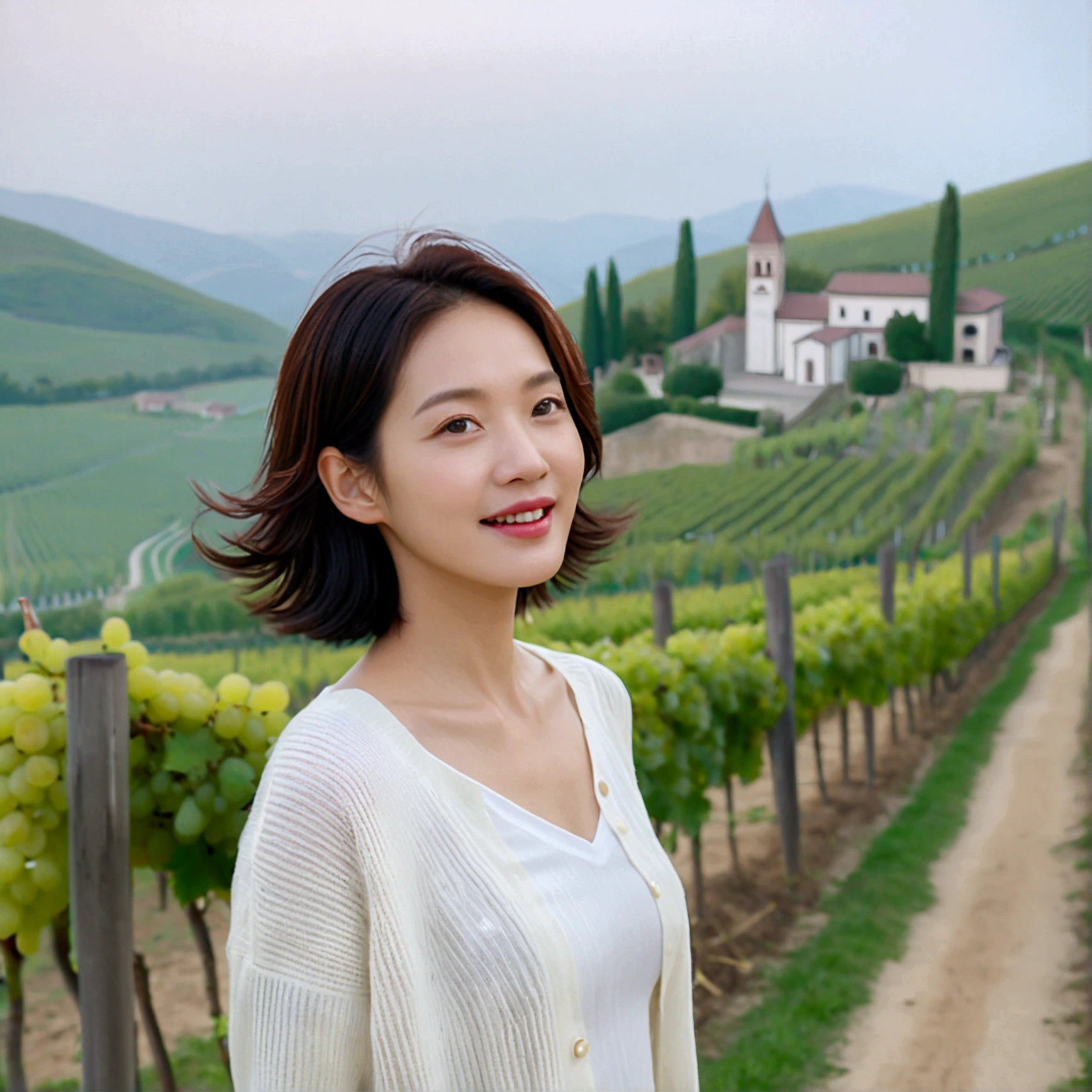 8k best picture quality, Beautiful 36-year-old Korean woman, Chest size 34 inches, northern italy countryside dawn, View of the cathedral next to the vineyards, The back background is realistic and vivid quality., Short hair, High-end luxury brand white shirt and cardigan, Wear casual pants, Smile slightly. the background is clear, It is spring, when grapes have not yet ripened. Standing on a hill on a curved path overlooking a vineyard covered in thick fog, Clear picture quality, Wear high-end luxury brand sunglasses, sunglasses with clear lines, Spring landscape without grapes, Well-groomed hair, Pretty and beautiful like a model, wearing a short cardigan. Well-groomed hair, Dress modestly