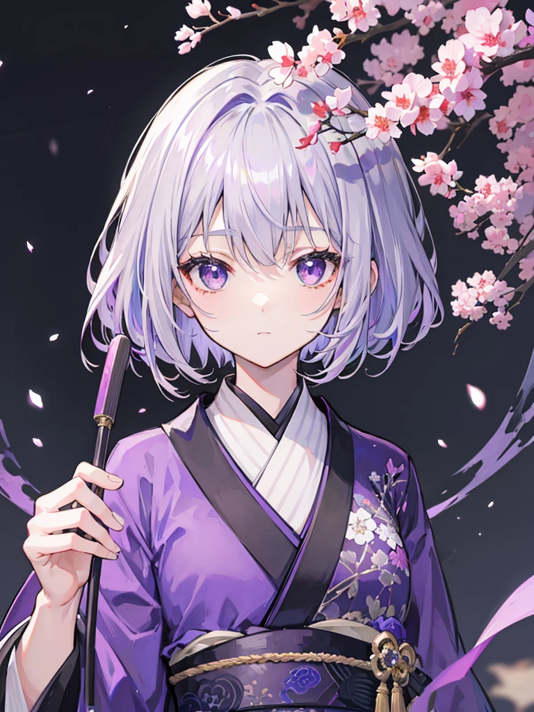 Short Hair、Gray hair with purple tips、Wearing black kimono