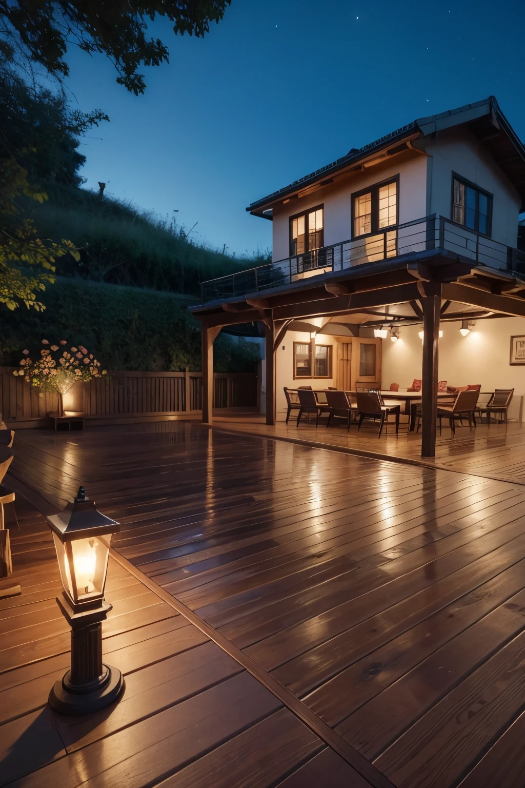 Wooden deck with a lamppost written atelier do pier on top and a red rose on the side