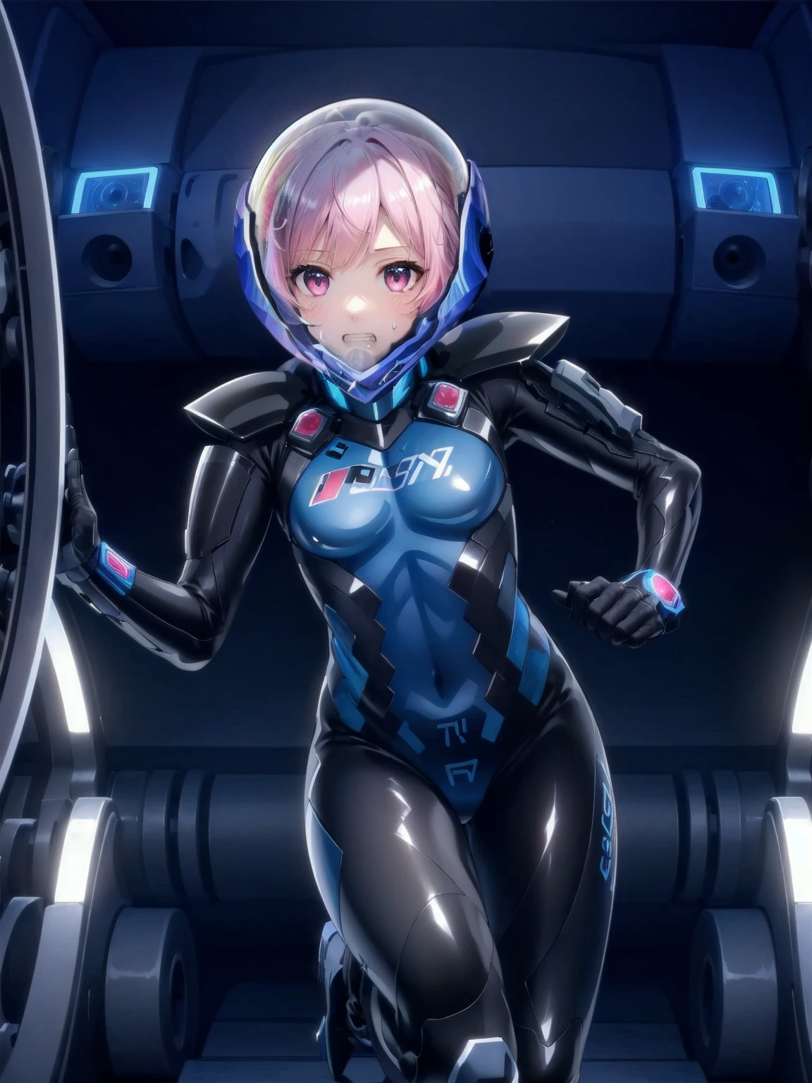 short hair, pink hair, street, emo,pink eyes, eyeliner, fortified suit, ((blue:1.5) plugsuit), short hair, (running fast:1.6),sweaty,clenched teeth,marathon event,looking ar forward,1),,a bubble helmet space helmet,