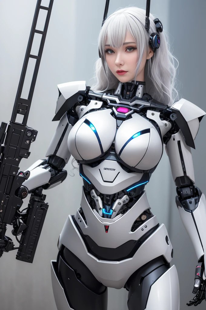 Super Detail, High Detail, high quality, best quality, High resolution,1 female robot,Beautiful female robot,beautiful clear face(Rain waves_haneame:1.5), Realistic, High resolution, Soft Light,Hips up, (Detailed face), silver hair, long hair, Mecha Maiden, Colorful mechanical parts, mechanical joint, Thick mechanical armor(Highlight breast curves),Weaponry, black metal body, Technology Antenna Hair Accessories
