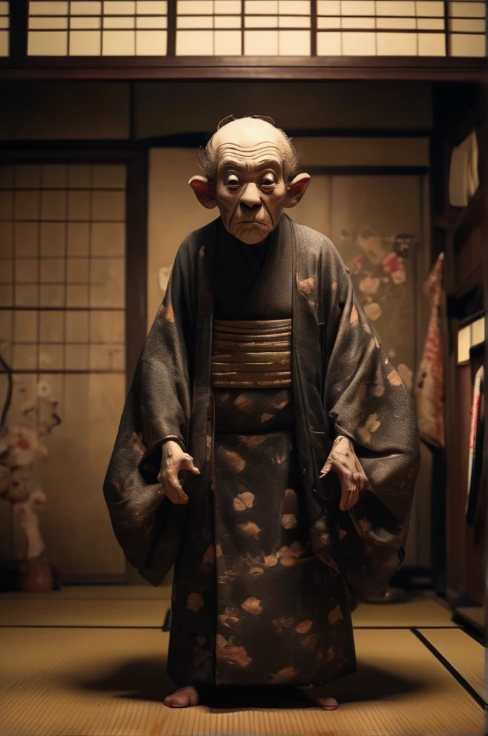 Inside the Japanese-style room、A thin old man wearing a kimono、Big headed monster、Shallow depth of field, Vignette, Very detailed, High budget, Bokeh, CinemaScope, Sulky, amazing, nice, Film Grain, granular . Creepy, Anxious, dark, Creepyな, Suspenseful, strict, Very detailed