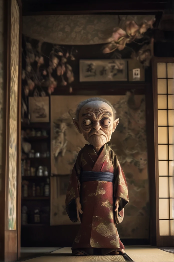 Inside the Japanese-style room、A thin old man wearing a kimono、Big headed monster、Shallow depth of field, Vignette, Very detailed, High budget, Bokeh, CinemaScope, Sulky, amazing, nice, Film Grain, granular . Creepy, Anxious, dark, Creepyな, Suspenseful, strict, Very detailed