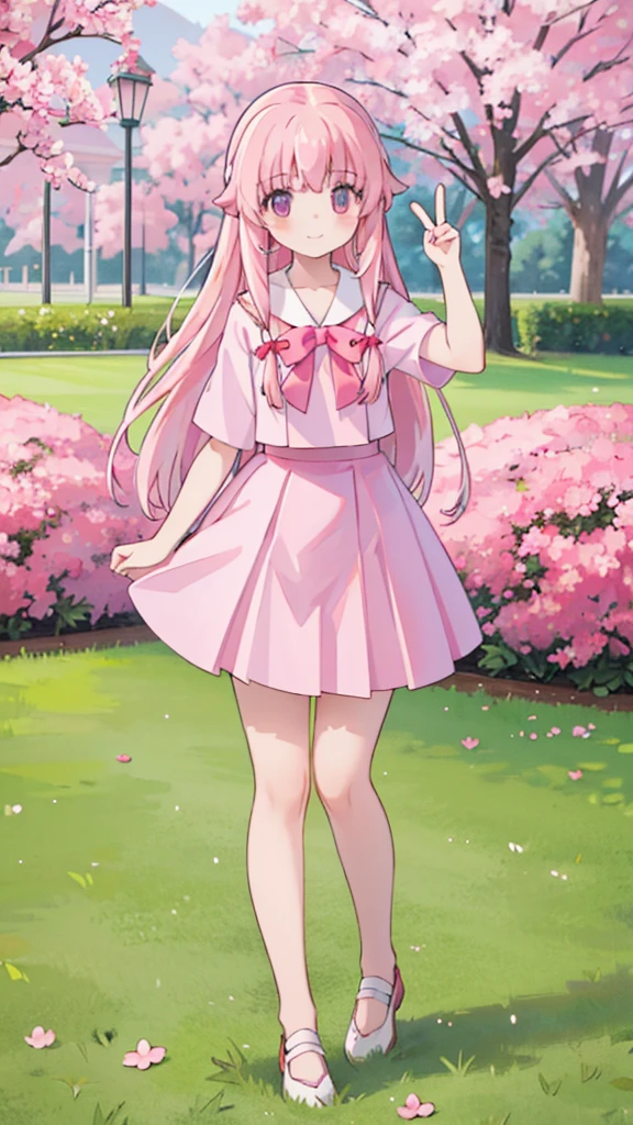 1girl solo pink hair, pink eyes with love, detailed eyes, cute eyes, straight hair, long hair, straight bangs, shiny hair,
,red bowtie,purple skirt,purple shirt,pleated skirt,short sleeves,looking at the bottom, pink sakura trees and pink grass, in the middle of the sakura trees, the pink grass with pink flower petals on the ground high-definition,masterpiece, masterpiece, best quality, high resolution, aabeta, double, slim waist, cute, sailor uniform, sweet cute smile, smiling eyes, happy, smile, close up photo selfie,selfie pose peace, detailed eyes (PastelColors: 1.3)
