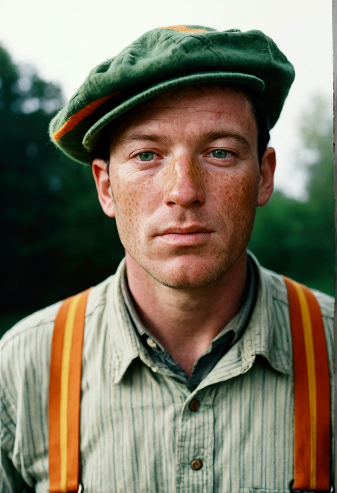 cinematographic photo, man with freckles on his face, 41 years old, ElChavodel8Quiron, a man wears an old, patched shirt, a green hat with earflaps, a shirt with orange stripes, yellow pants suspenders, and black combat boots with green laces, 35mm photography, film, bokeh, professional, 4k, highly detailed