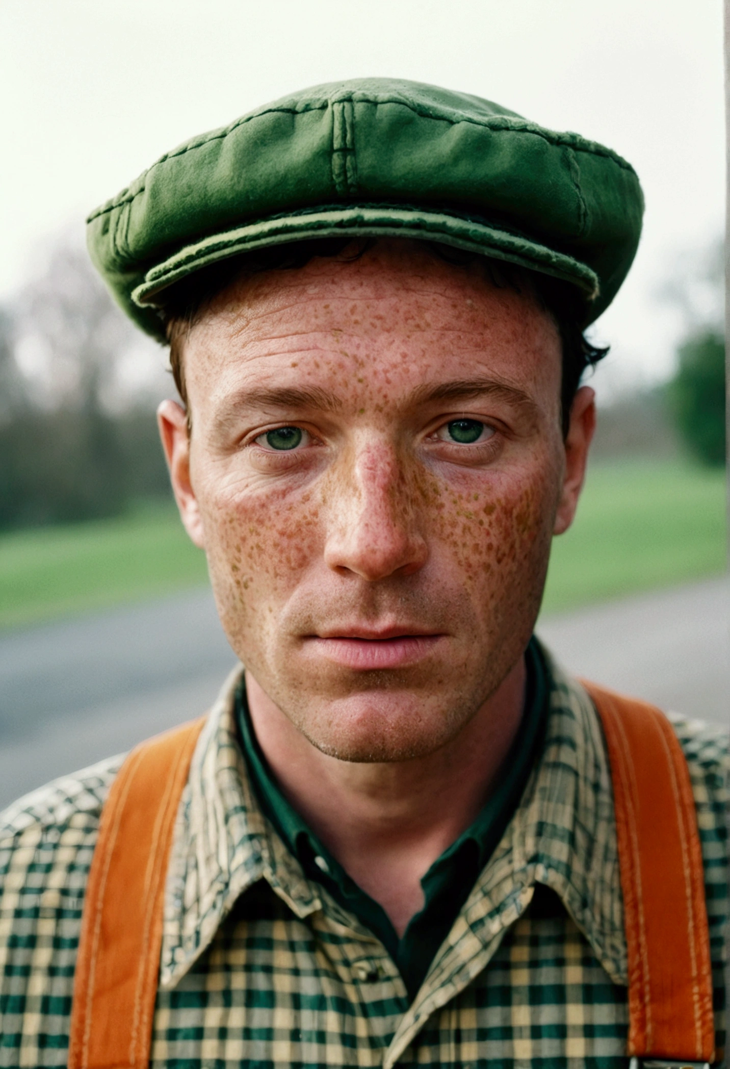 cinematographic photo, man with freckles on his face, 41 years old, ElChavodel8Quiron, a man wears an old, patched shirt, a green hat with earflaps, a shirt with orange stripes, yellow pants suspenders, and black combat boots with green laces, 35mm photography, film, bokeh, professional, 4k, highly detailed