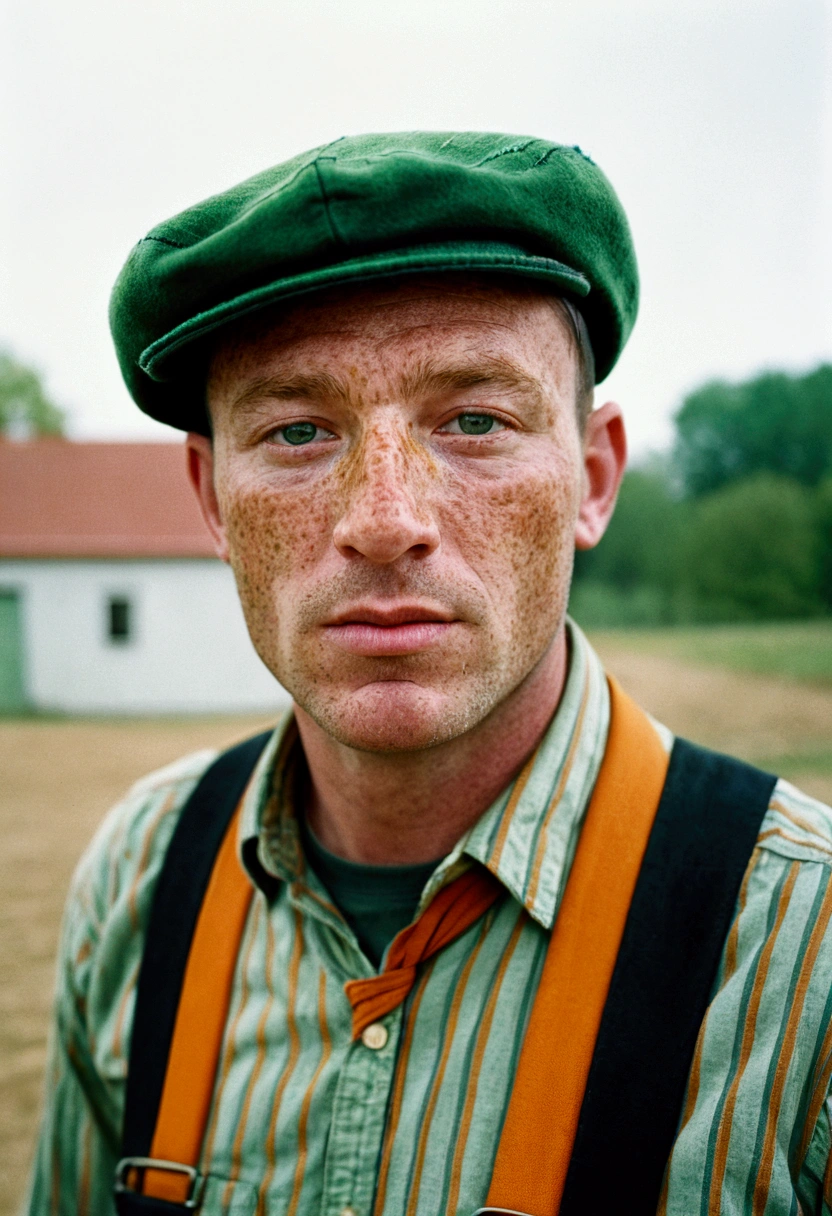 cinematographic photo, man with freckles on his face, 41 years old, ElChavodel8Quiron, a man wears an old, patched shirt, a green hat with earflaps, a shirt with orange stripes, yellow pants suspenders, and black combat boots with green laces, 35mm photography, film, bokeh, professional, 4k, highly detailed