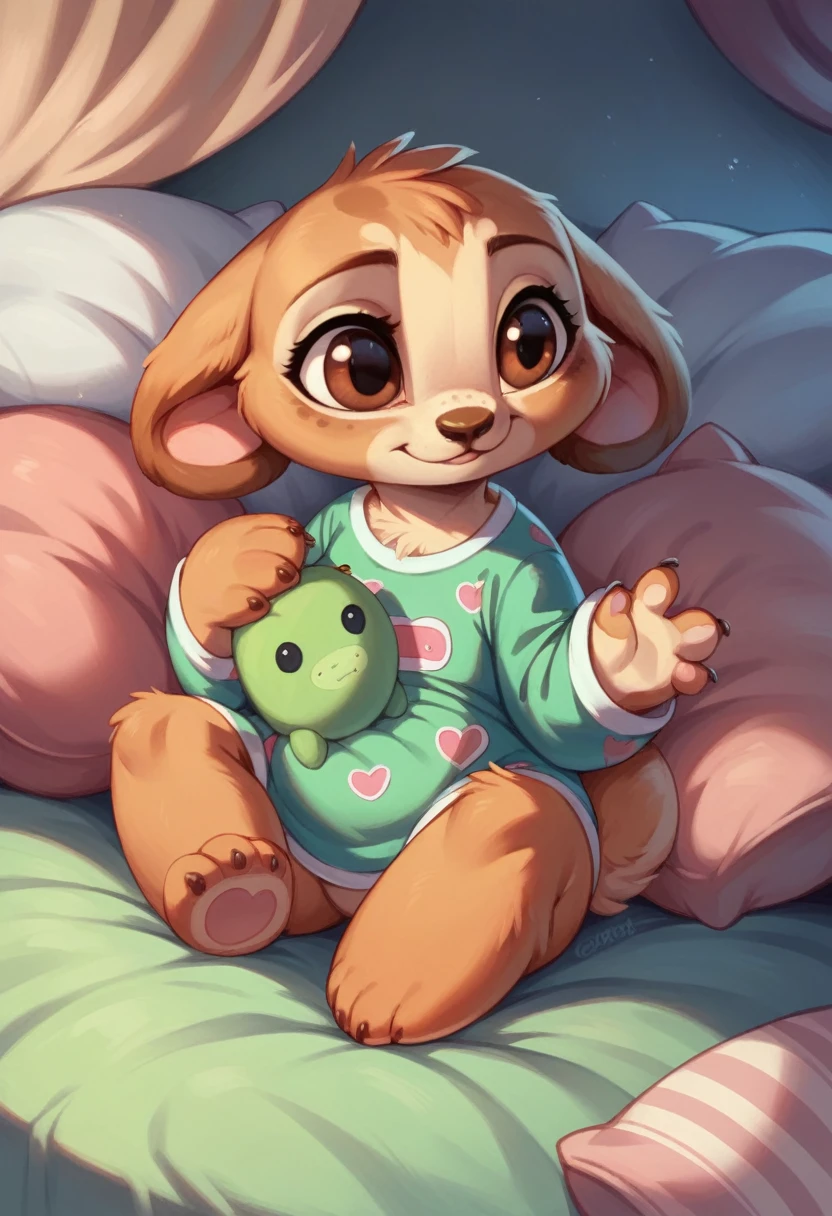 animated style,1 girl,sexy pose looking into the camera ,thick thighedium tits, wavy fur , Brown eyes, puppy pajamas with a stuffed dragon called toothless from how to train your grade