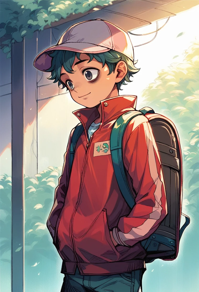(((Masterpiece))), best quality, cowboy shot, perfect anatomy, realistic face, outdoors, sunny, warm sunlight, backlighting, dramatic lighting, painterly 1boy, (((shota))), wavy hair, solo, red jacket, three quarter view, cap, backpack, hand in pocket, light smile, bags under eyes, looking ahead