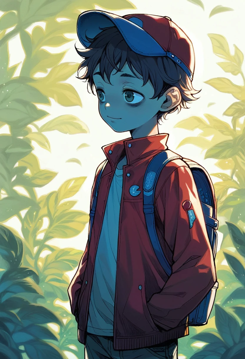 (((Masterpiece))), best quality, cowboy shot, perfect anatomy, realistic face, outdoors, sunny, warm sunlight, backlighting, dramatic lighting, painterly 1boy, (((shota))), wavy hair, solo, red jacket, three quarter view, cap, backpack, hand in pocket, light smile, bags under eyes, looking ahead