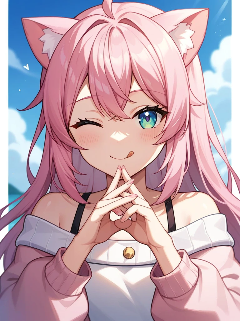 Adult, Female, long pink hair, winking, smiling, tongue out, vtuber, otaku bedroom, Masterpiece, Accurate, Anatomically Correct, Best Quality, High Details, Detail, Super Detailed, Best detail, Perfect detail, Amazing detail, [-3, 3], perfect hands, best hands, best fingers, perfect fingers, perfect body, best body, amazing body, Looking at viewer, front facing, upper body shot, Cat Ears, Close-Up, Pink off shoulder jacket,
