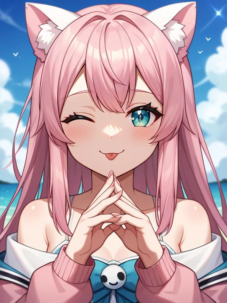 Adult, Female, long pink hair, winking, smiling, tongue out, vtuber, otaku bedroom, Masterpiece, Accurate, Anatomically Correct, Best Quality, High Details, Detail, Super Detailed, Best detail, Perfect detail, Amazing detail, [-3, 3], perfect hands, best hands, best fingers, perfect fingers, perfect body, best body, amazing body, Looking at viewer, front facing, upper body shot, Cat Ears, Close-Up, Pink off shoulder jacket,