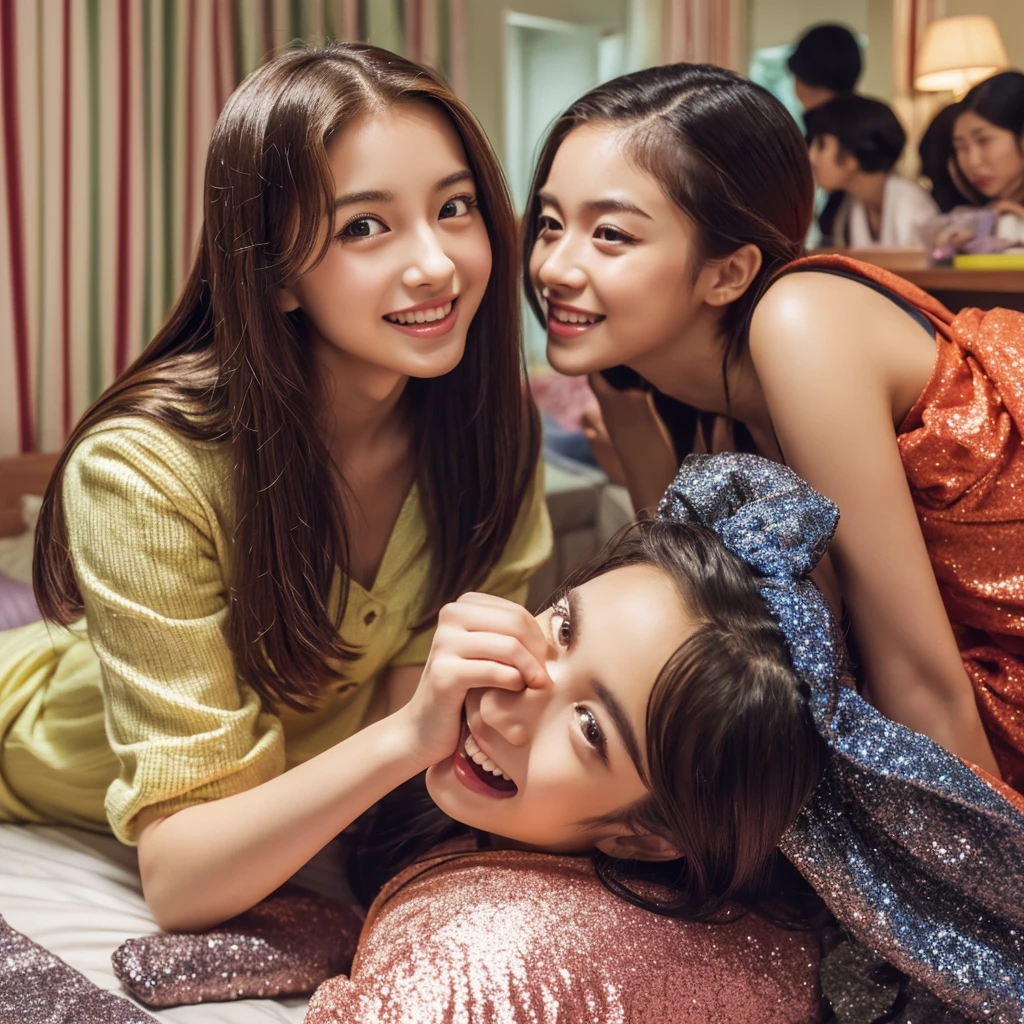 Absurd resolution, high resolution, (masterpiece: 1.4), super detailed, (((detailed face, detailed expression)), two girls, girl and girl, friends, best friends, classmates, relax, ponytail, bob, sitting on bed, sitting on the floor, two are talking, background is in the room, friends, best friend, home, 1K, small room, curtains, bed, TV, desk, sweets, Talk about travel with friends, gathering, fun, smile, room wear, Kyoto animation, Kyoto animation atmosphere, glitter, brilliance,