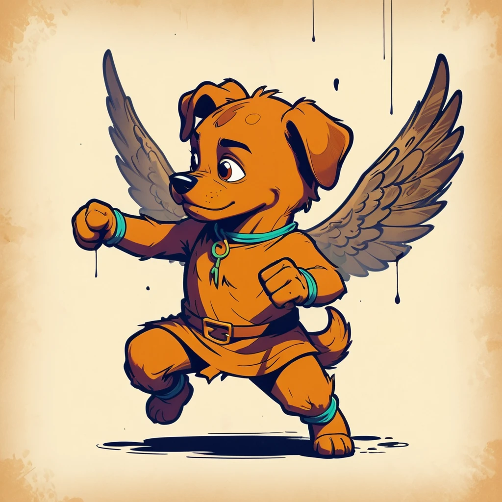 1960s design, vintage retro scrappy doo, screen grab Scooby Doo TV show, solid color design, 1960's Scooby Doo color style, expressive sketch bold ink lines, upright fists up to box, fighting stance, splash page comic, distinct scrappy doo design and iconic resemblance to the character scrappy doo, alone solo Scrappy Doo, flying, with wings, winged scrappy doo, ornate detailed feathers on wings, clearly scrappy doo, short small dog Scooby Doo distinct to original cartoon, scene is minimal, serene, perfect, strange, candid, cinematic, surreal, and timeless. The style is a mix of realism and cartoon, with 90s comic aesthetics, expressive ink work, cinematic compositions, and nuanced details. The style is reminiscent of Joelle Jones and 90's scooby doo animated tv show, scooby doo distinct art style,