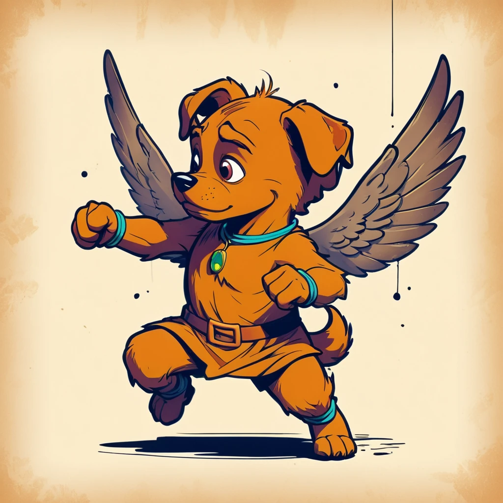 1960s design, vintage retro scrappy doo,  screen grab Scooby Doo TV show, solid color design, 1960's Scooby Doo color style, expressive sketch bold ink lines, upright fists up to box, fighting stance, splash page comic, distinct scrappy doo design and iconic resemblance to the character scrappy doo, alone solo Scrappy Doo, flying, with wings, winged scrappy doo, ornate detailed feathers on wings, clearly scrappy doo, short small dog Scooby Doo distinct to original cartoon,  scene is minimal, serene, perfect, strange, candid, cinematic, surreal, and timeless. The style is a mix of realism and cartoon, with 90s comic aesthetics, expressive ink work, cinematic compositions, and nuanced details. The style is reminiscent of Joelle Jones and 90's scooby doo animated tv show,  scooby doo distinct art style,

