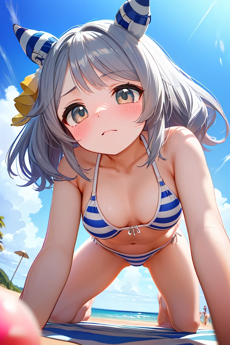 (((big ,巨大なchest)))Object Helium | Uma Musume: Pretty Derby,Browsing Caution,1 girl,,,chest,尖ったchest,chestの谷間,Underbust,Side Bust Barbosa,(blush),((Embarrassing)),Spread and masturbate(((White and light blue striped bikini)))round 1(((chestを持ち上げる)))((View from below、View from below)),((((巨大なchest)))),Beach,On all fours