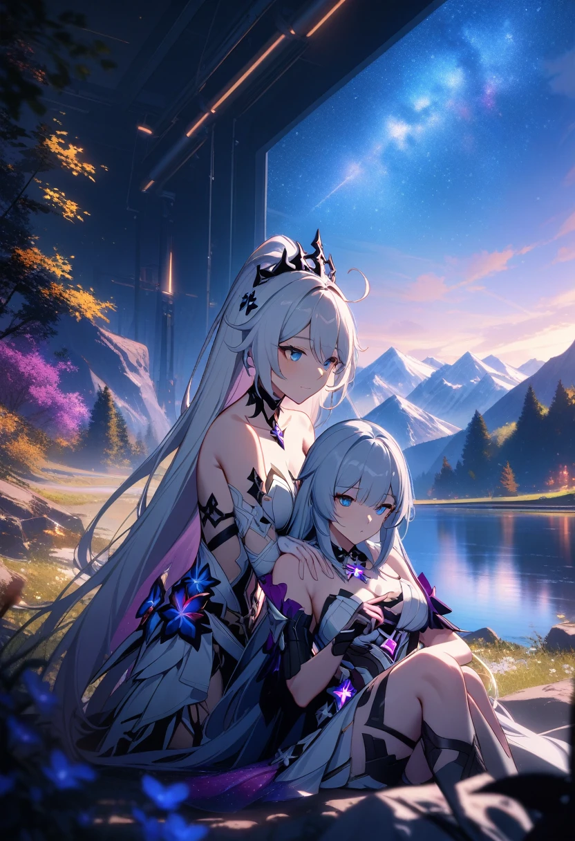 a beautiful detailed yuri scene of 2girls, Kiana Kaslana \(Herrscher of Finality)\ and Raiden Mei \(APHO)\, (Honkai Impact 3rd), very long hair, ponytail, lap pillow, in a scenic landscape with mountains, a lake, and a starry nebula sky, romantic atmosphere, the girls sitting facing away from the camera, head resting on each other's shoulders, (best quality,4k,8k,highres,masterpiece:1.2),ultra-detailed, studio lighting, extremely detailed environment, vibrant colors, cinematic lighting