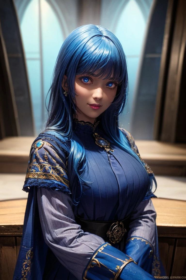 A detailed, high-quality portrait of a girl with cyan blue hair, dark skin, wearing a long, medieval-style blue dress, (best quality,4k,8k,highres,masterpiece:1.2),ultra-detailed,(realistic,photorealistic,photo-realistic:1.37),highly detailed face,beautiful detailed eyes,beautiful detailed lips,extremely detailed eyes and face,long eyelashes,medieval castle background,detailed background,dramatic lighting,cinematic,vibrant colors,fantasy art