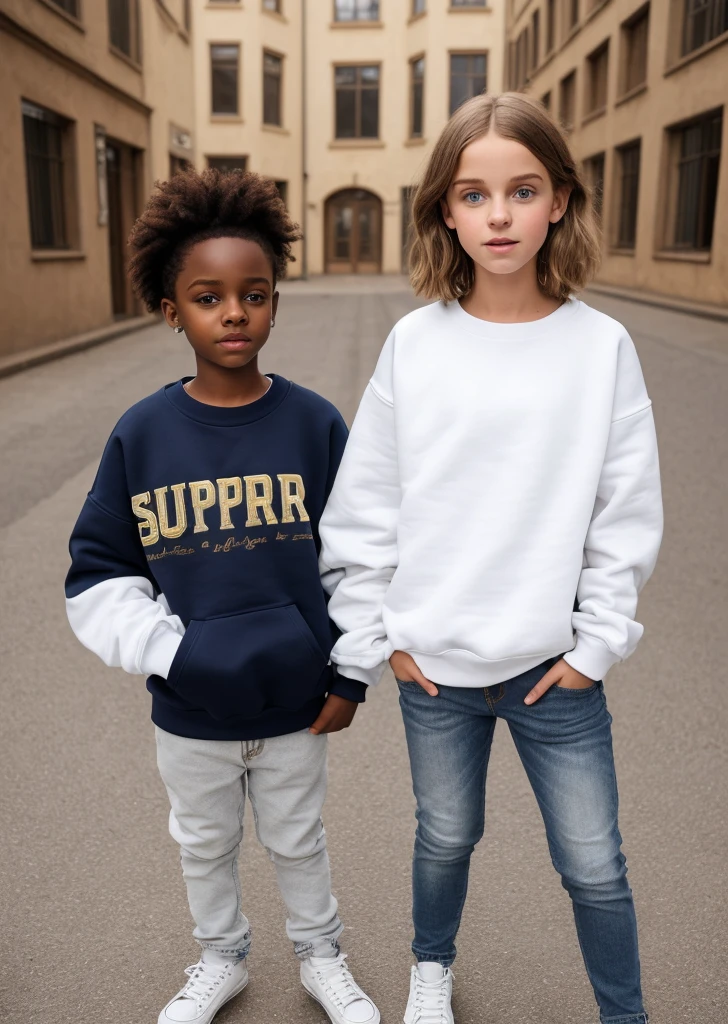 Super realistic. A boy and a 12-year-old girl wearing a straight blouse, round goka sweatshirt, cakca jeans. White fundi. 