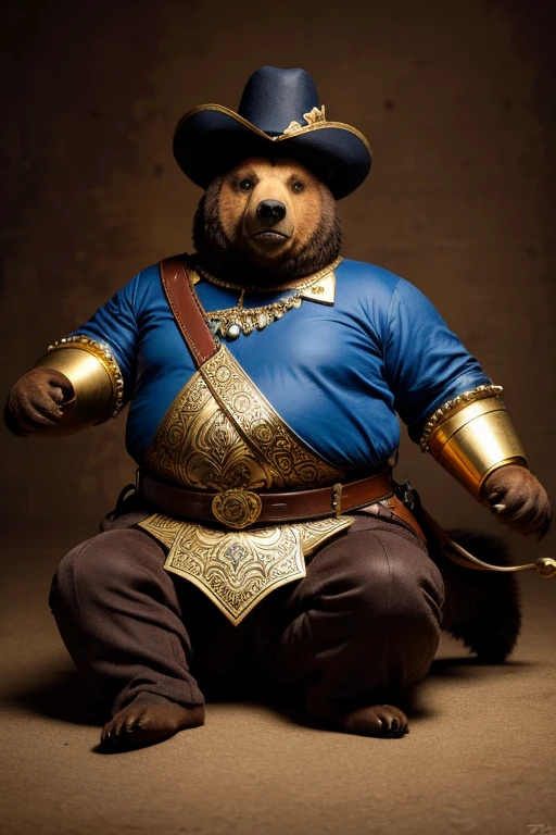 create the bear Winipuh in the image of a fat musketeer, wearing a gold belt through the poecho on the chest. sitting on a horse