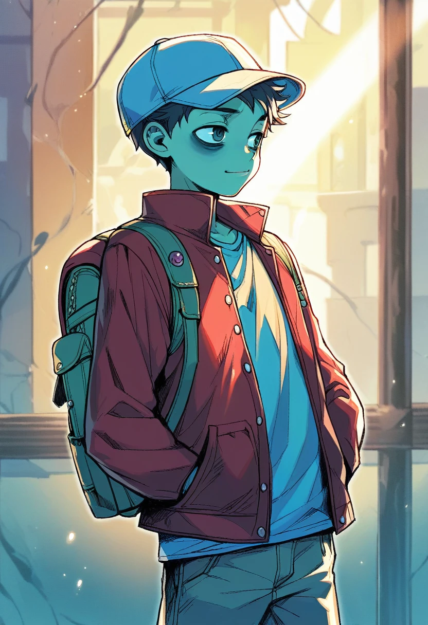 (((Masterpiece))), best quality, cowboy shot, perfect anatomy, realistic face, outdoors, sunny, warm sunlight, ((backlighting)), dramatic lighting, painterly 1boy, (((shota))), wavy hair, solo, red jacket, three quarter view, cap, backpack, hand in pocket, light smile, bags under eyes, looking ahead